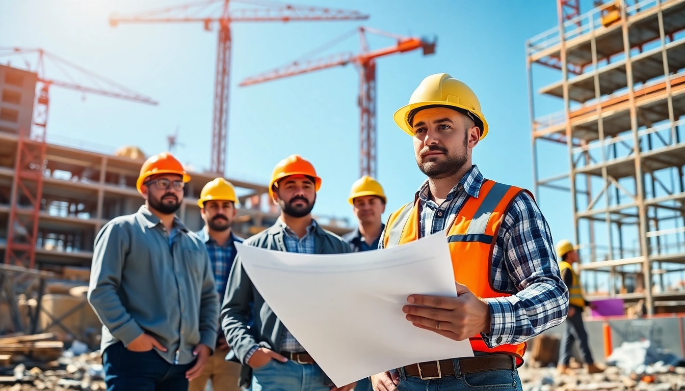 New York General Contractor leading a diverse team on a construction site, surrounded by cranes and blueprints.