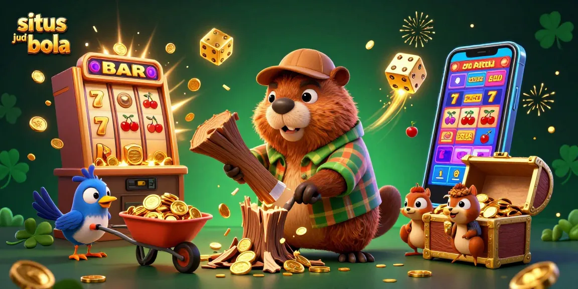 Situs judi bola showcases a lively illustration with a lumberjack beaver, coins raining, and a vibrant casino theme.