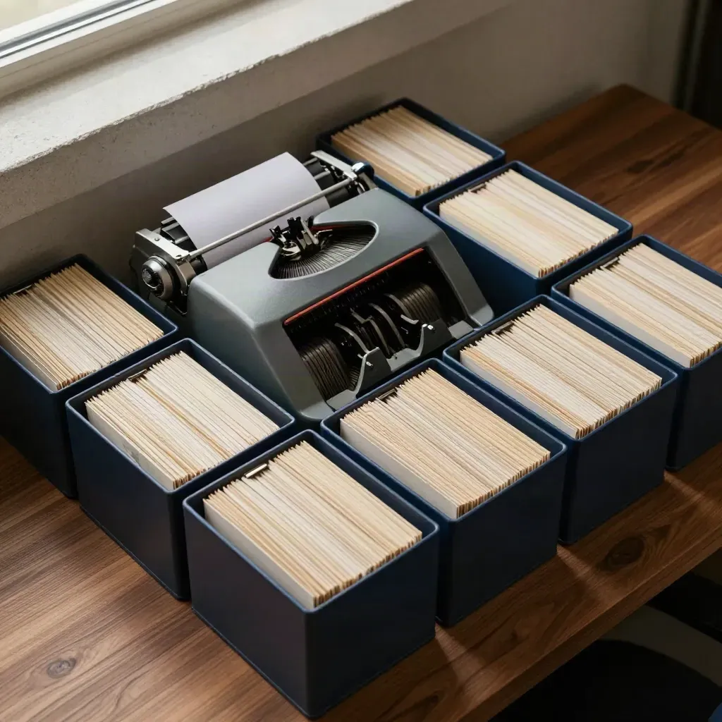 Top-down data-entry tools and archive trays arranged in clean order on warm walnut.