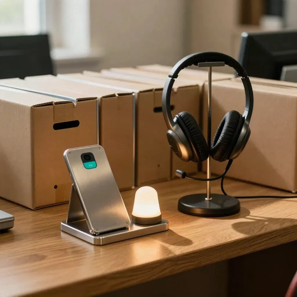 Phone cradle, headset stand, and lit call indicator beside clipped return boxes.