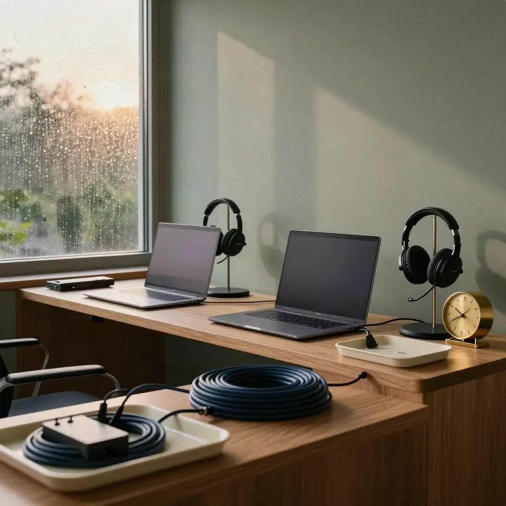 Remote operations nook with laptops, headset stands, trays, and brass clock in dawn light