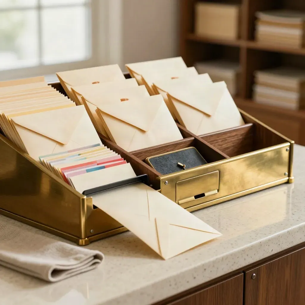 Brass inbox, envelope stacks, and color-tabbed file cards fanning forward on travertine.