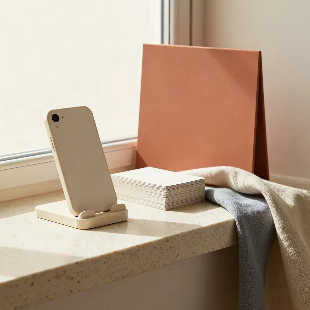 Social media support staging kit with phone stand, prop cards, backdrop board and linen swatches.
