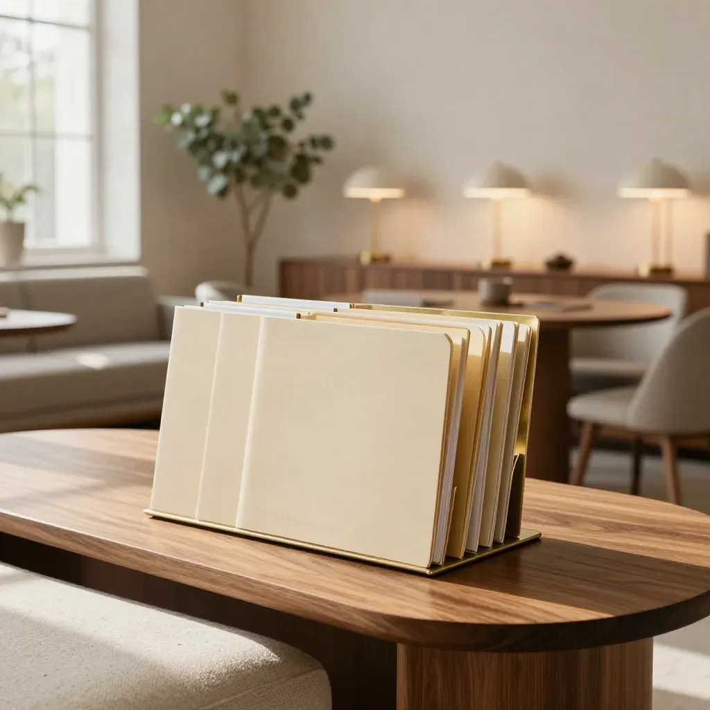 Warm SaaS onboarding suite with blank folders, glowing lamps, and a ready meeting nook.