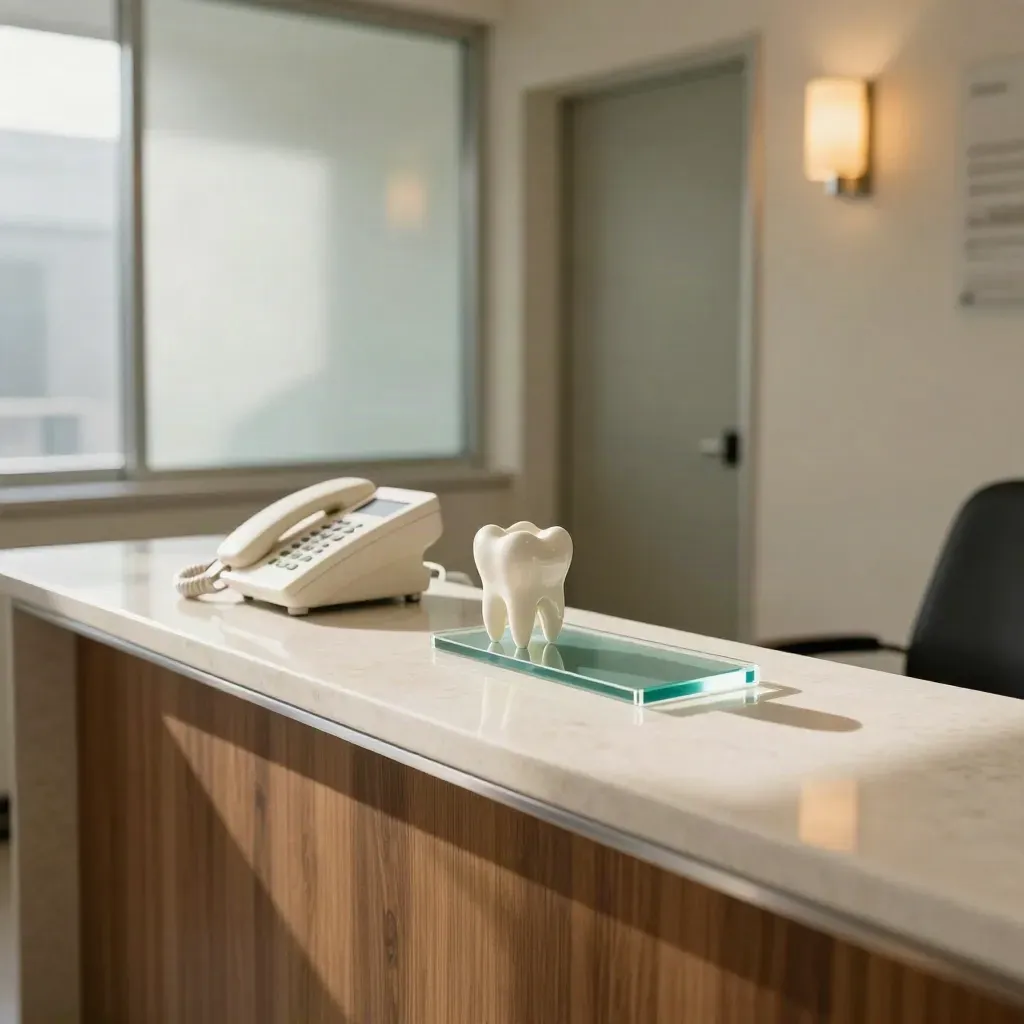 Dental reception counter with phone cradle, tooth model and acrylic tray in warm late-afternoon light.