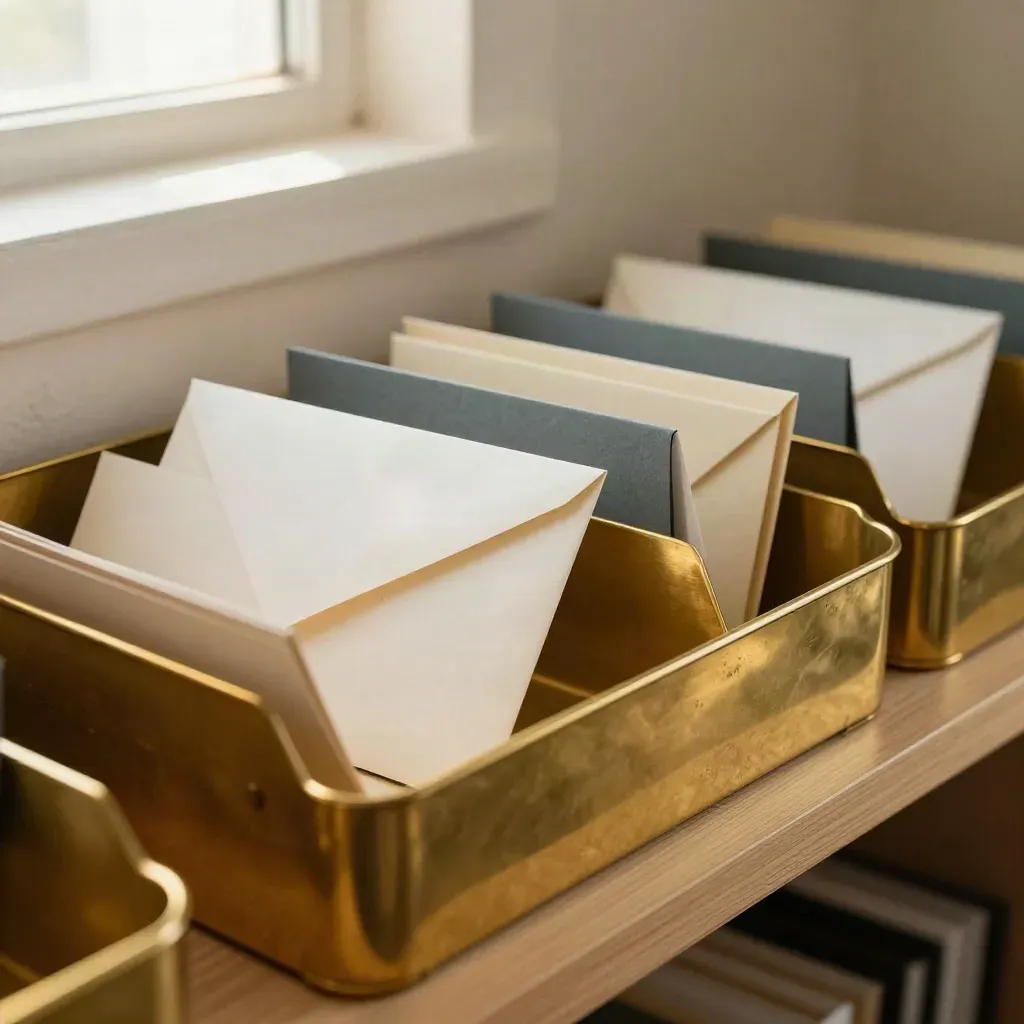 Overflowing brass inbox trays and slate tabs on a studio intake shelf in warm light.