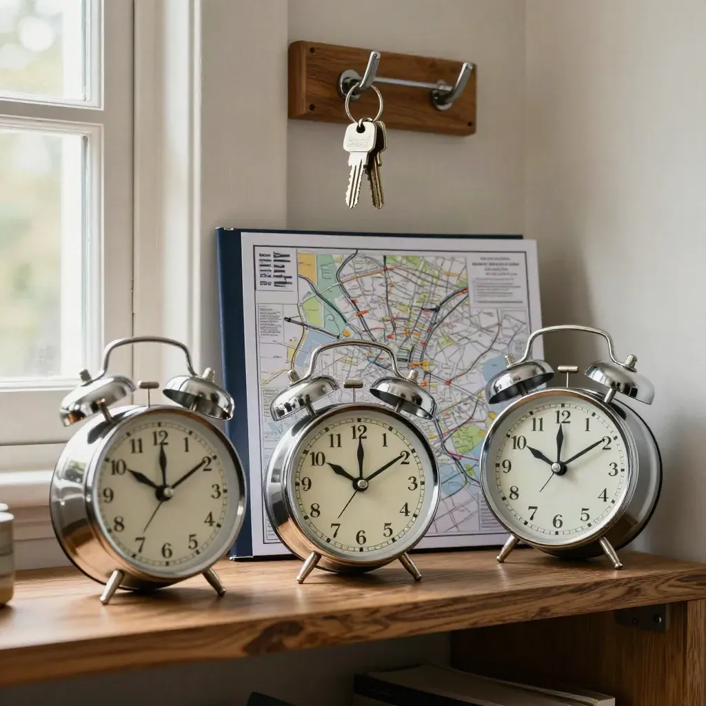 House-call route shelf with keys, a closed folio, and three clocks in soft daylight.