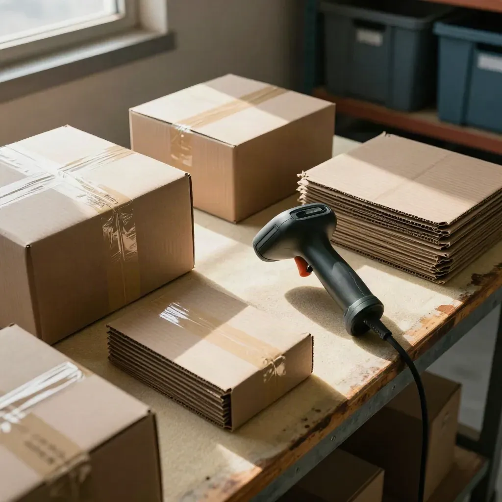 Overhead shipping bench with sealed parcels, scanner and bins under dramatic warehouse light.