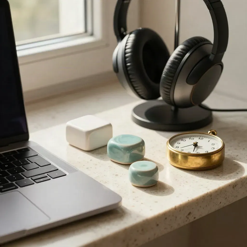 Macro still life of a headset, closed laptop, ceramic stones, and brass timer on travertine.