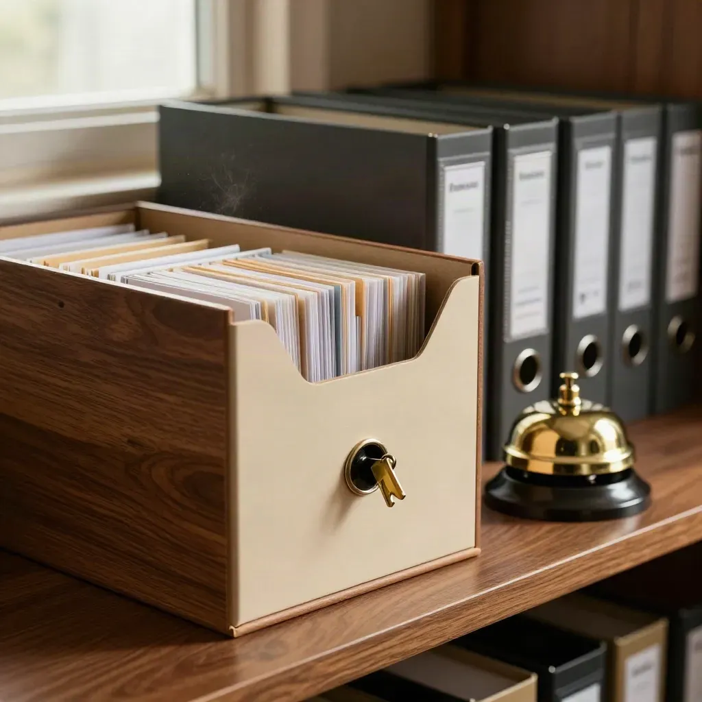 Brass desk bell and tabbed prospect file boxes on a walnut archive shelf, lit dramatically.