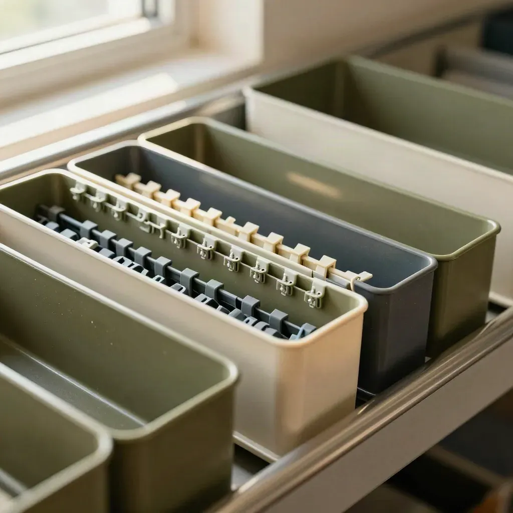 Close-up of organized cable ties, storage bins, and tray dividers on a metal rack