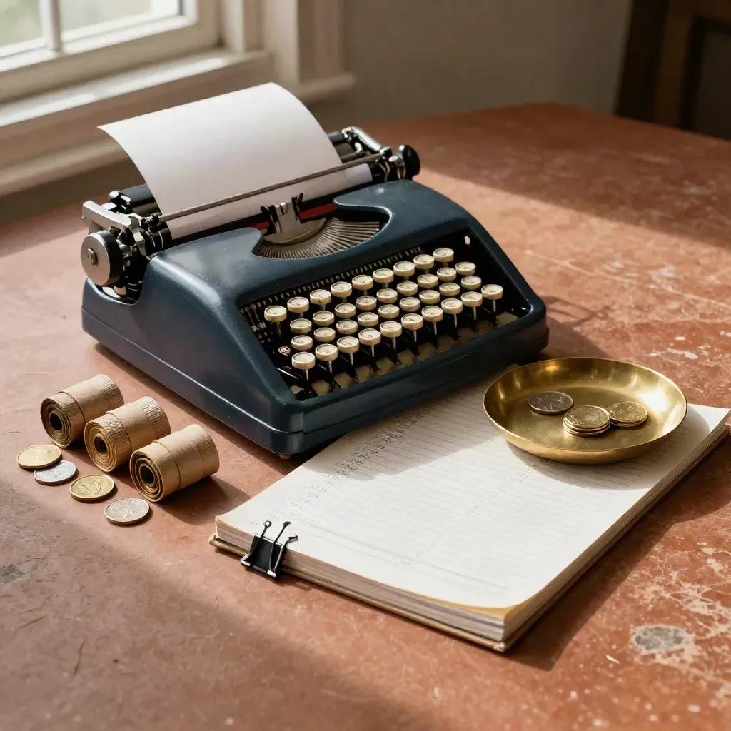 Bookkeeping still life with adding machine, coin rolls and brass balance tray on stone.