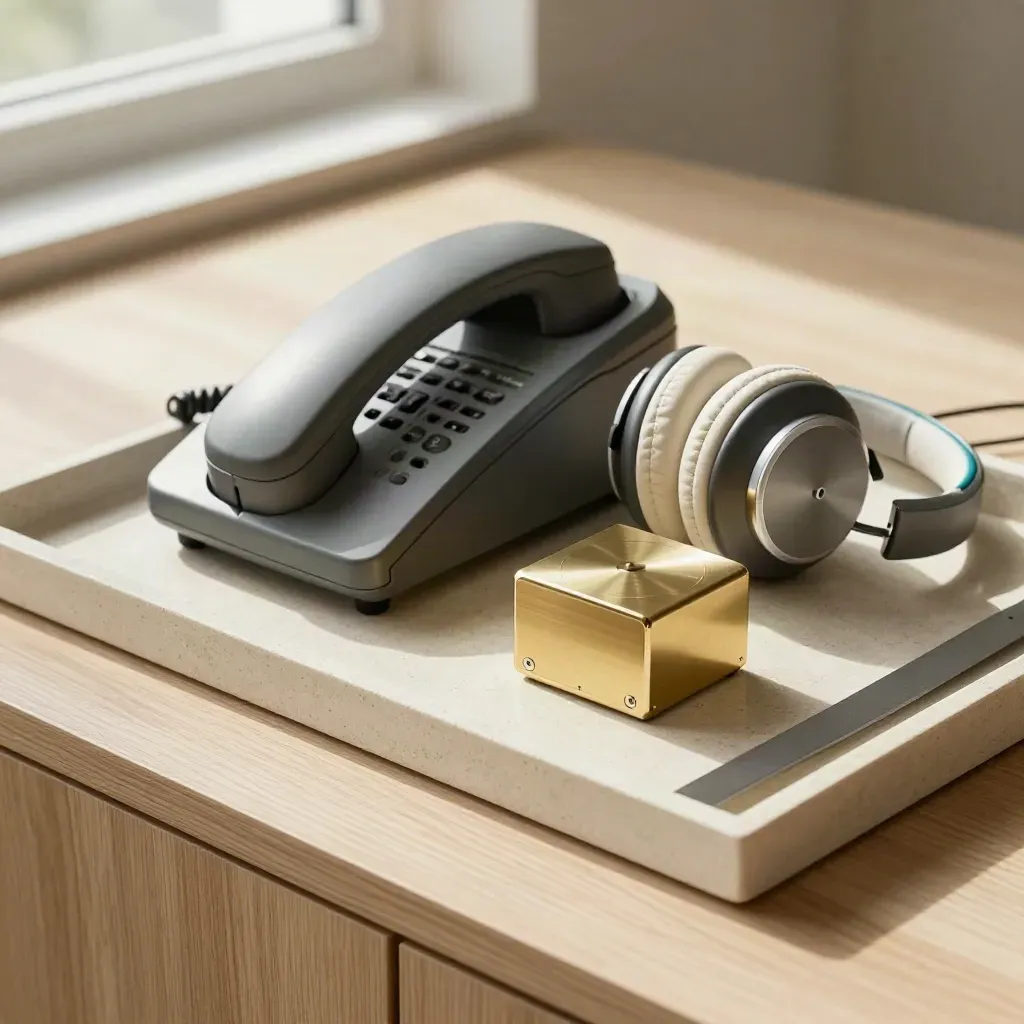 Top-down still life of a phone cradle, headset and brass timer on a pale stone tray