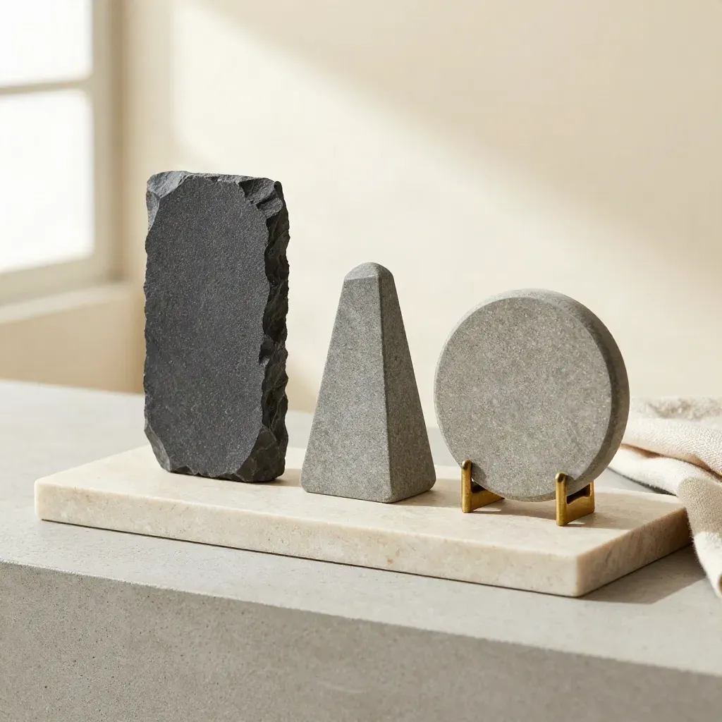 Three service-tier tokens with a stone weight and brass stand on a neutral tray