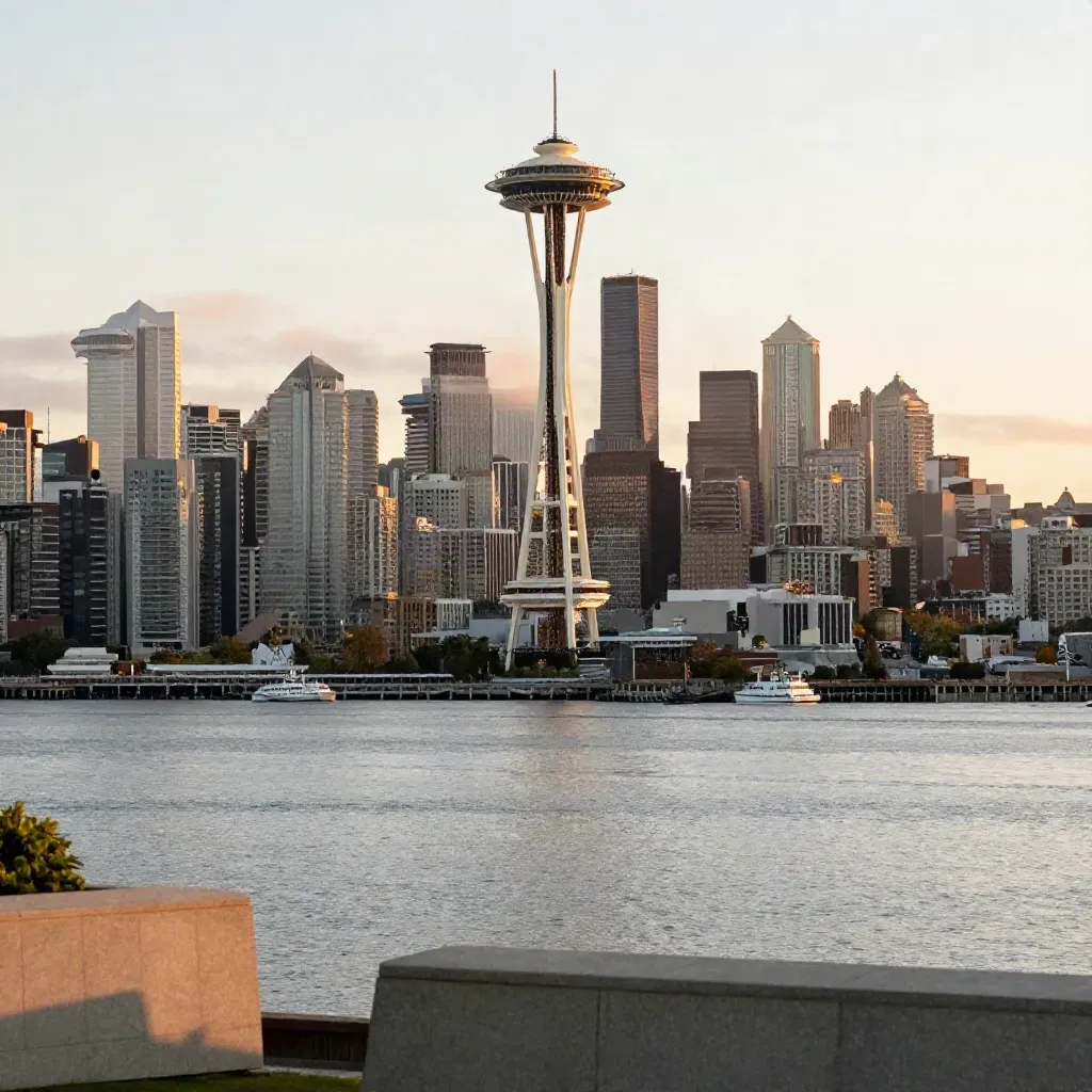 Seattle skyline and Space Needle above Elliott Bay at golden hour, with calm reflective water below.