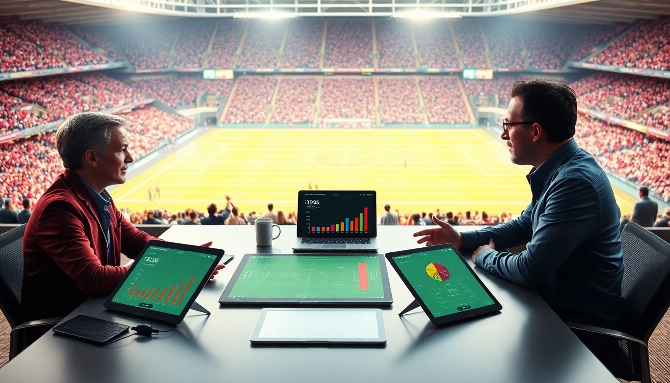Engaging discussion on โปรแกรมฟุตบอลวันนี้ with vibrant stadium backdrop highlighting football analysis.