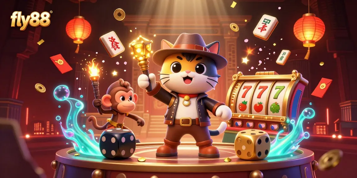 Experience thrilling gameplay at fly88 with a 3D cartoon cat discovering a golden casino artifact.