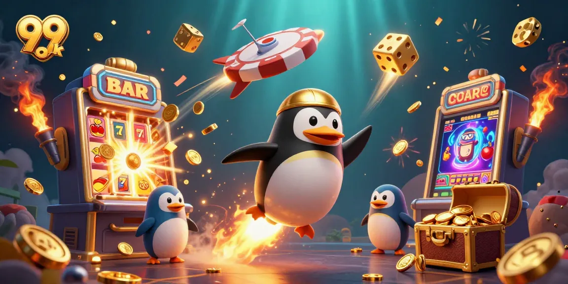 Experience the thrilling features of 99 ok with a golden penguin and vibrant casino elements.