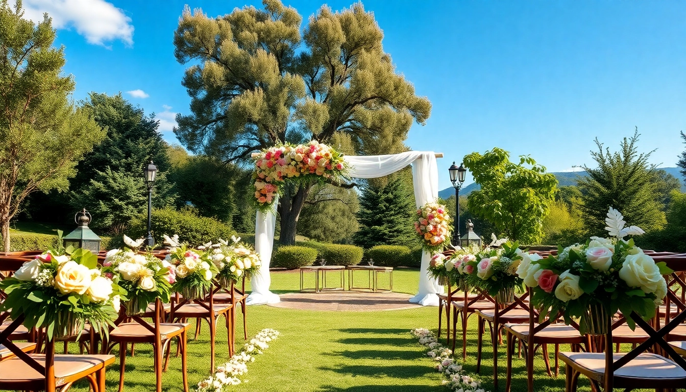 Weddings Venue with lush garden and romantic decorations for an outdoor ceremony.