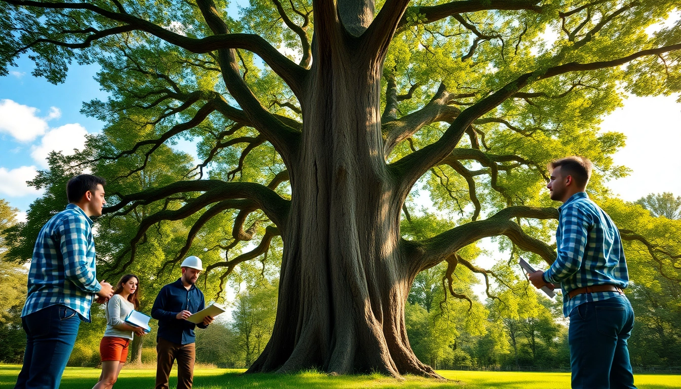 Tree Consultancy experts evaluating a majestic oak tree in a bright, lush park environment.