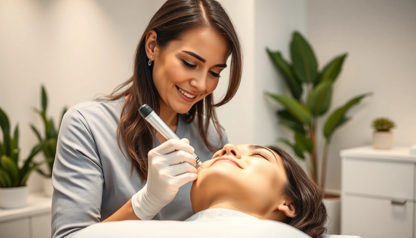 Aesthetic treatments are being applied by a beauty technician in a modern clinic.