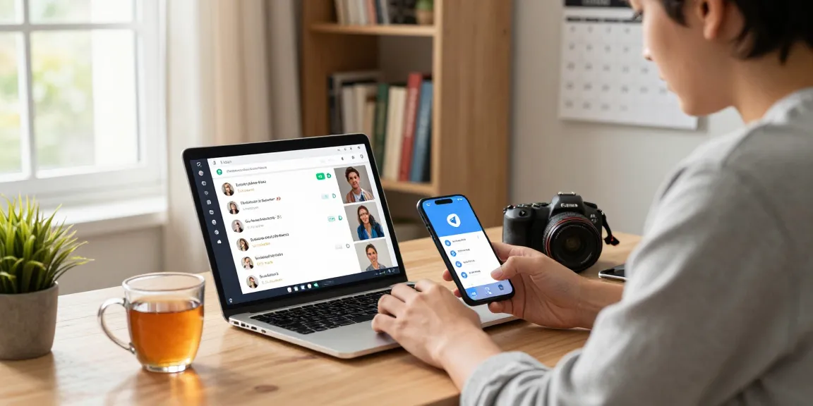 Engaging scene of a young professional using the Telegram app displaying telegram中文 in a cozy home office with tech gadgets and warm lighting.