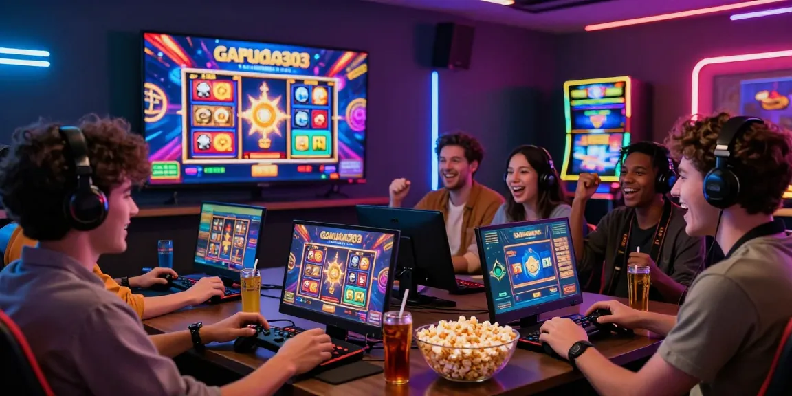 Friends enjoying Garuda303 online betting with slot games on a large screen, vibrant atmosphere.