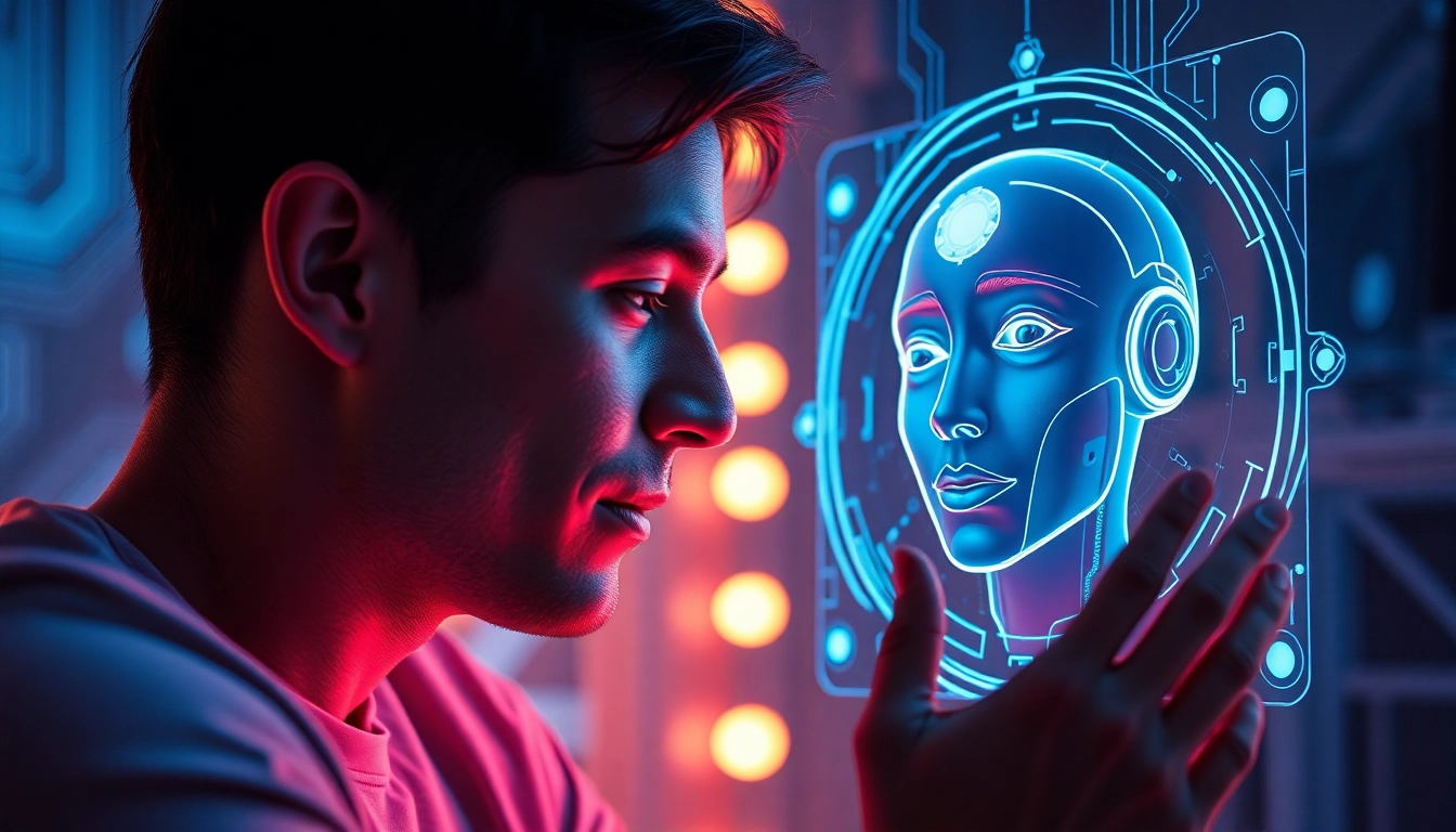 A user enjoying an AI sex chat with a lifelike character in a futuristic setting.