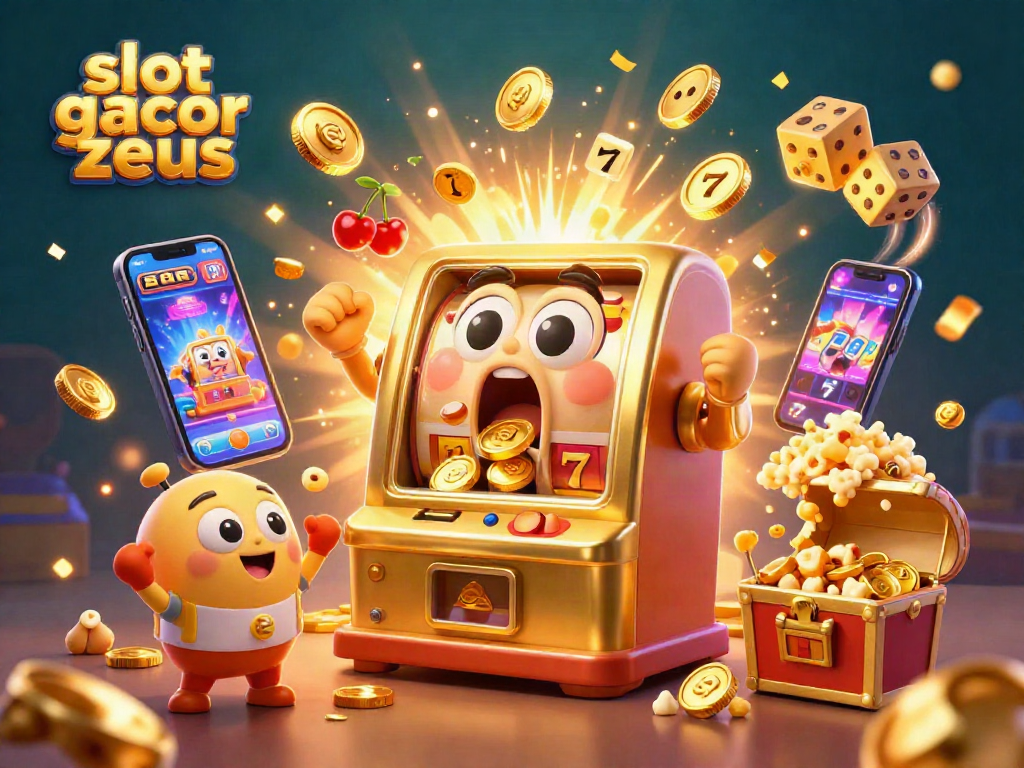slot gacor zeus showcases a golden slot machine hitting a jackpot, surrounded by celebrating baby machines.