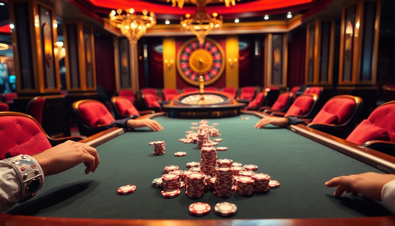 A dynamic poker game scene with players competing and chips from bk8vn.io prominently featured, portraying the excitement of casino gambling.