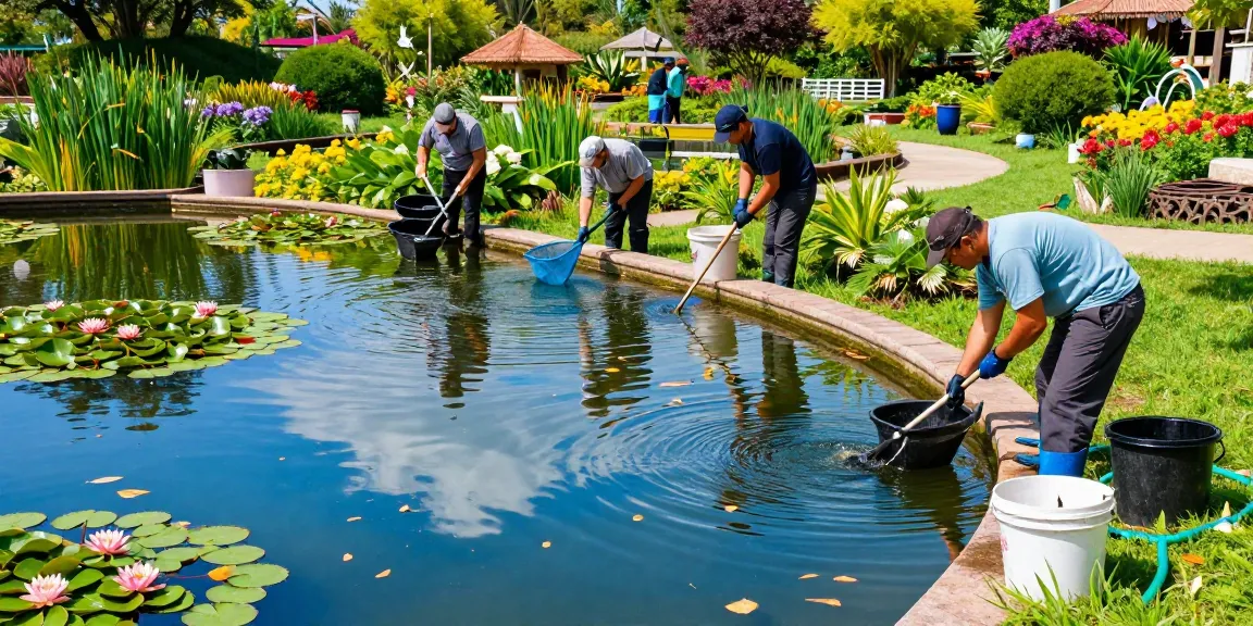 Pond Cleaning Sussex professionals engaged in pond maintenance, ensuring health and clarity in a vibrant garden setting.
