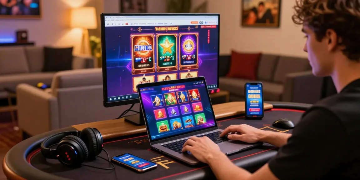 Exciting gameplay at non UK casinos with vibrant graphics, modern gaming setup, and dynamic atmosphere.