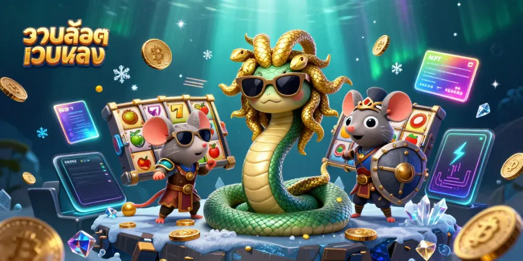 Engaging illustration of รวมสล็อตเว็บตรง showcasing Medusa and a mouse warrior amid vibrant slot game elements.