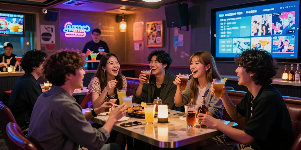 Enjoying 제주도유흥 at a lively karaoke bar in Jeju City with vibrant lights and friendly gatherings.