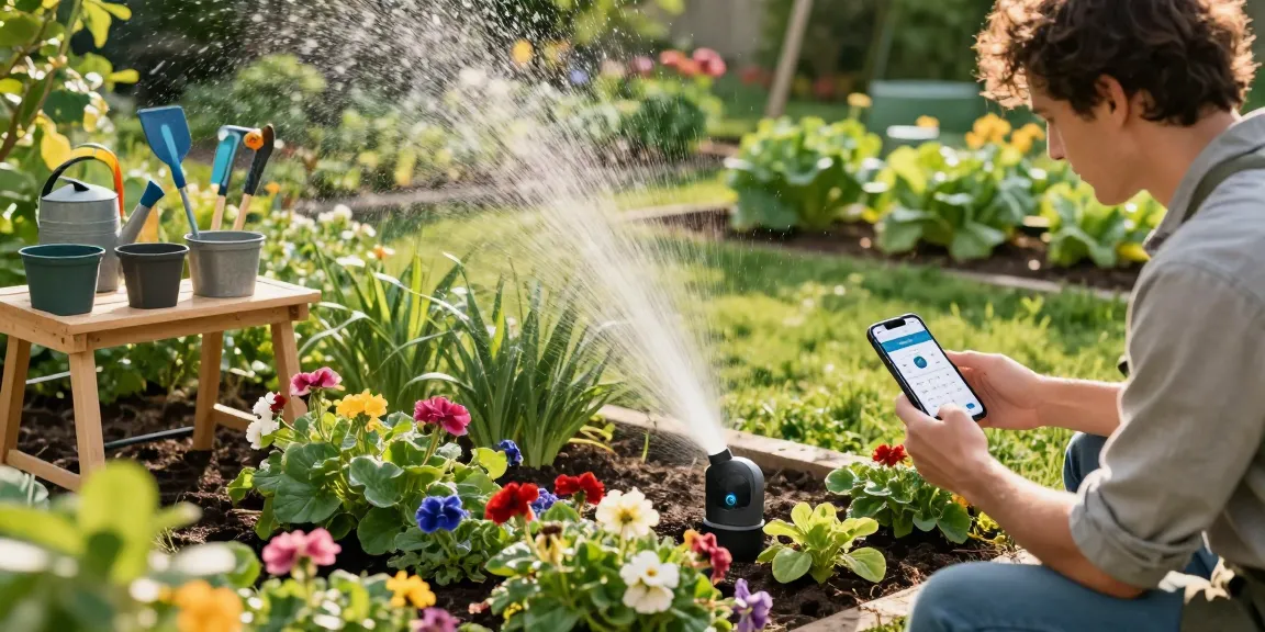 Gardener using rainpoint wifi water timer in a flourishing garden, checking app for irrigation.