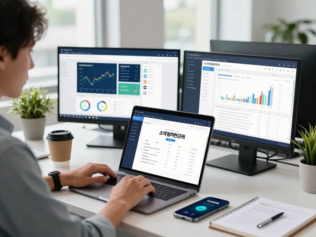 Person discussing 소액결제현금화 in a modern financial service environment with technology and charts.
