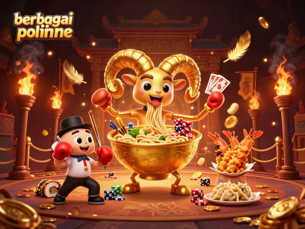 Menggambarkan berbagai pilihan slot online dengan karakter unik seperti ramen dan gyoza di arena perjudian.