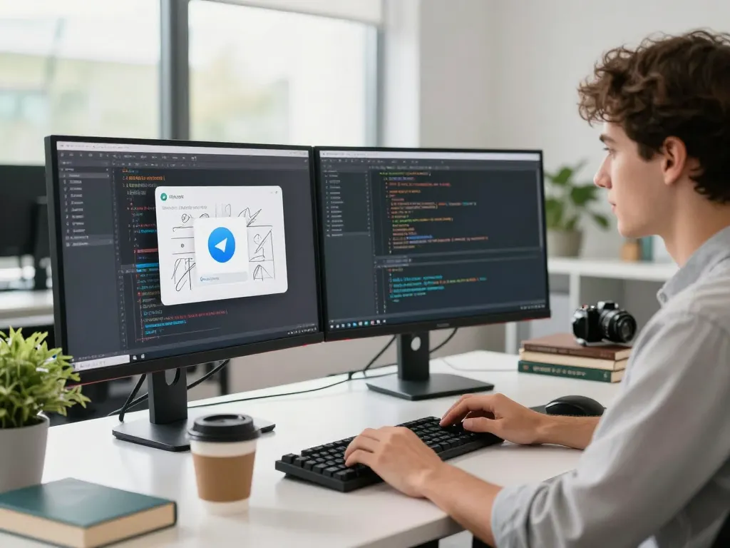 Dynamic workspace with a developer using Telegram 下载 on dual monitors and engaging in coding activities.