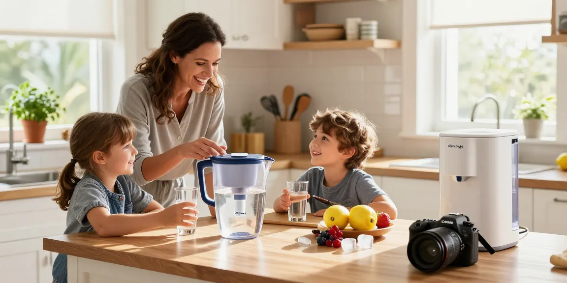 Family enjoying water from Filterlogic NSF Certified Pitcher Water Filter in bright kitchen.