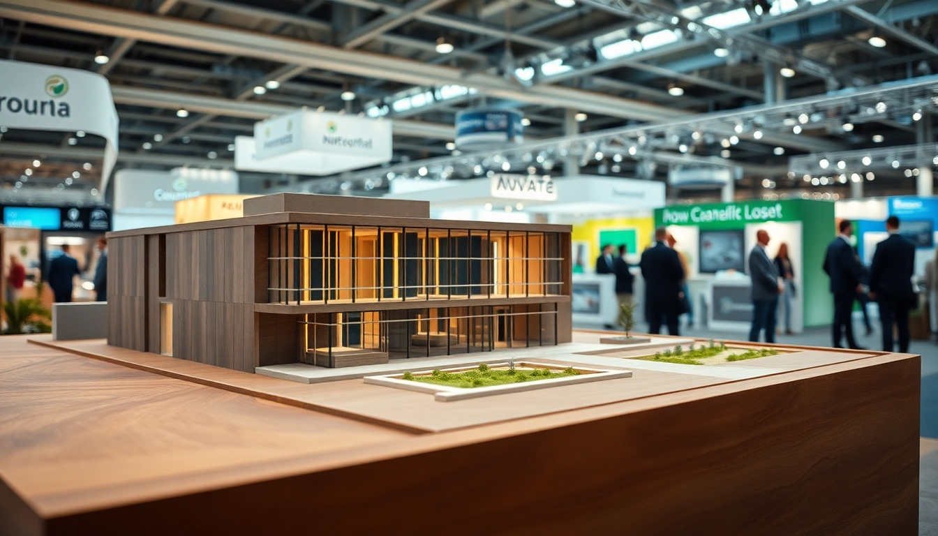 Messemodell in detailreicher Darstellung auf einer Messe mit Besuchern und Ständen.