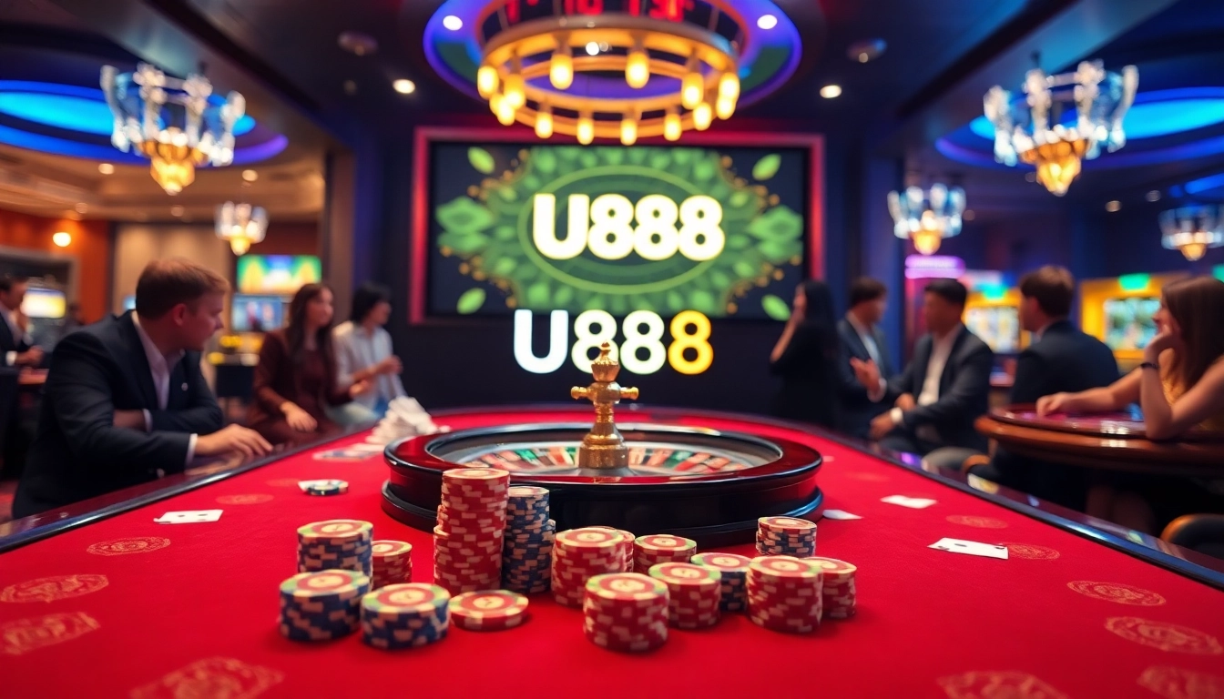 U888 enthusiasts enjoying a thrilling casino experience with vibrant poker chips and roulette.