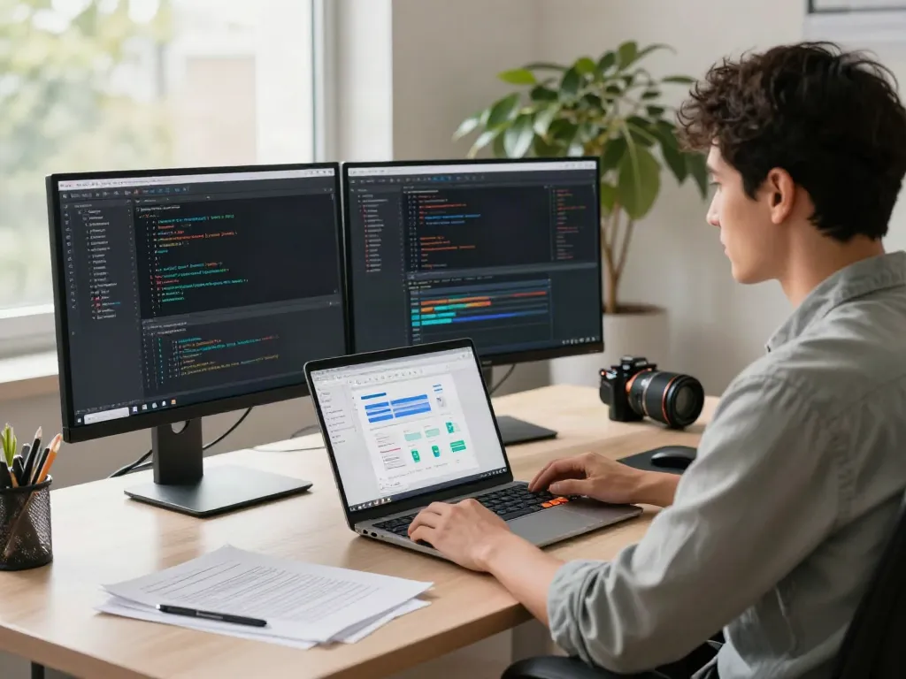 Developer using v2rayN on dual monitors in a modern office workspace.