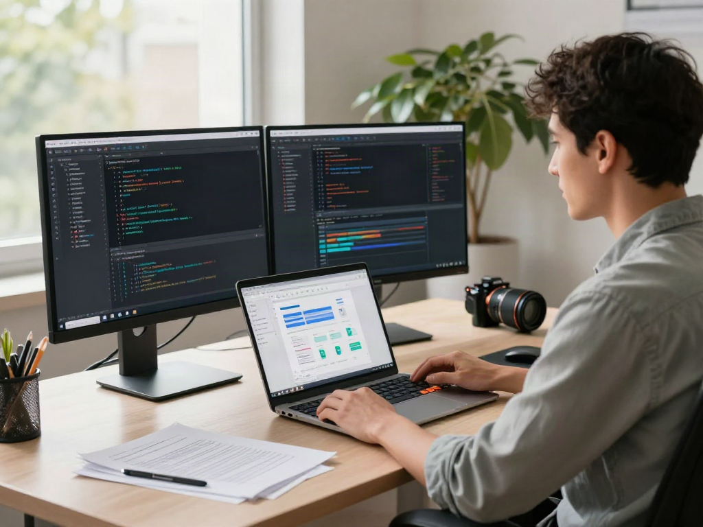 Developer using v2rayN on dual monitors in a modern office workspace.