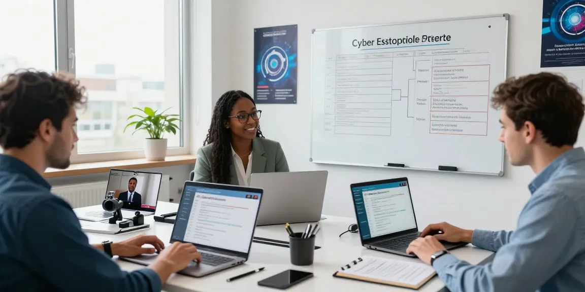 Team collaborating on the Cyber Essentials questionnaire in a modern office.