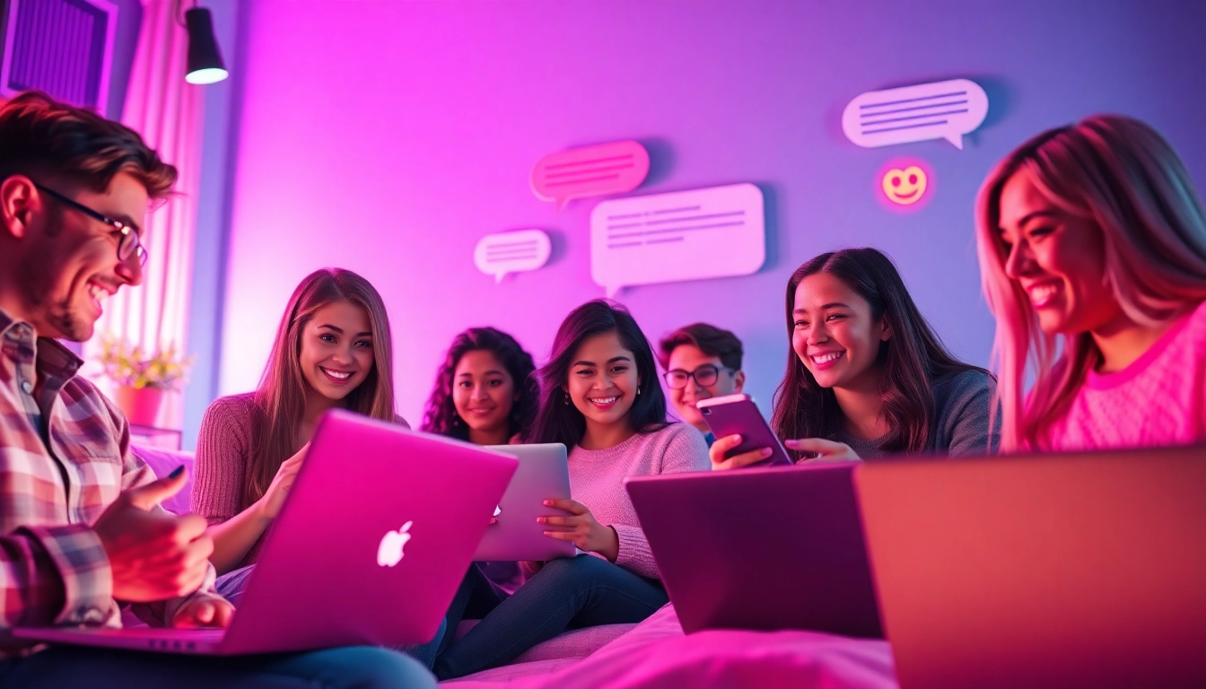 Friendly online sex chat environment with diverse individuals engaged in conversation.
