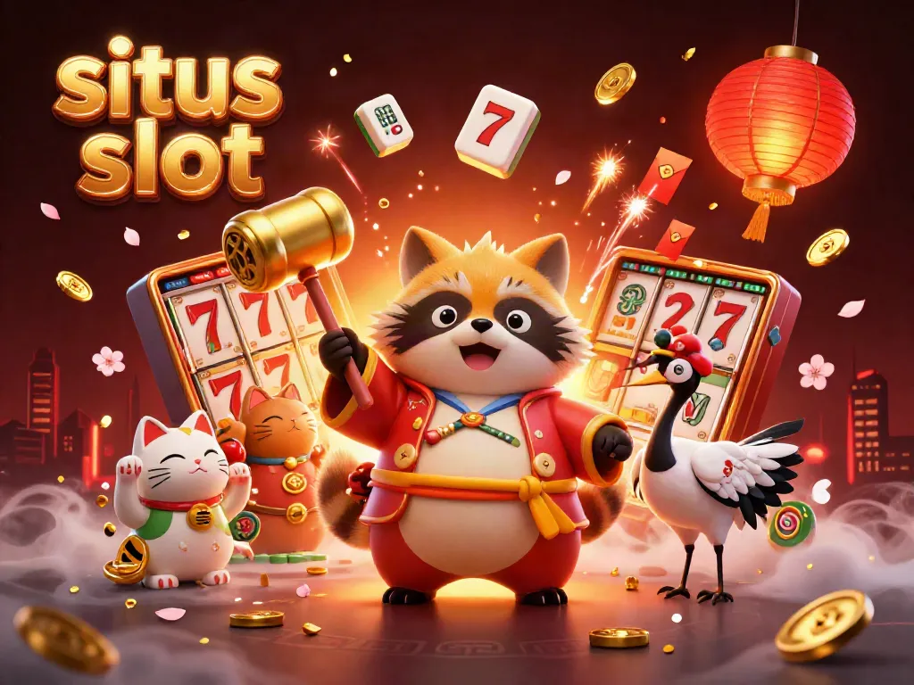 Situs slot scene with a cheerful tanuki, crane, and fortune cats amidst vibrant gaming symbols.