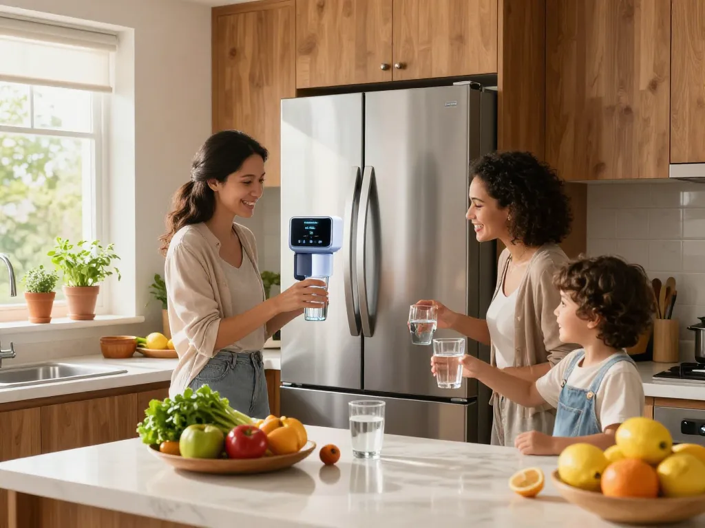 Waterdrop MSWF Refrigerator Water Filter in a bright kitchen with a family enjoying fresh, filtered water.