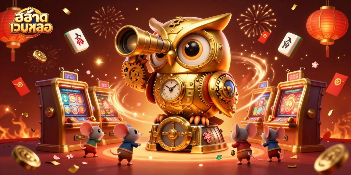 Play exciting slot games at สล็อตเว็บตรง with dynamic scenes featuring golden owls and festive elements.