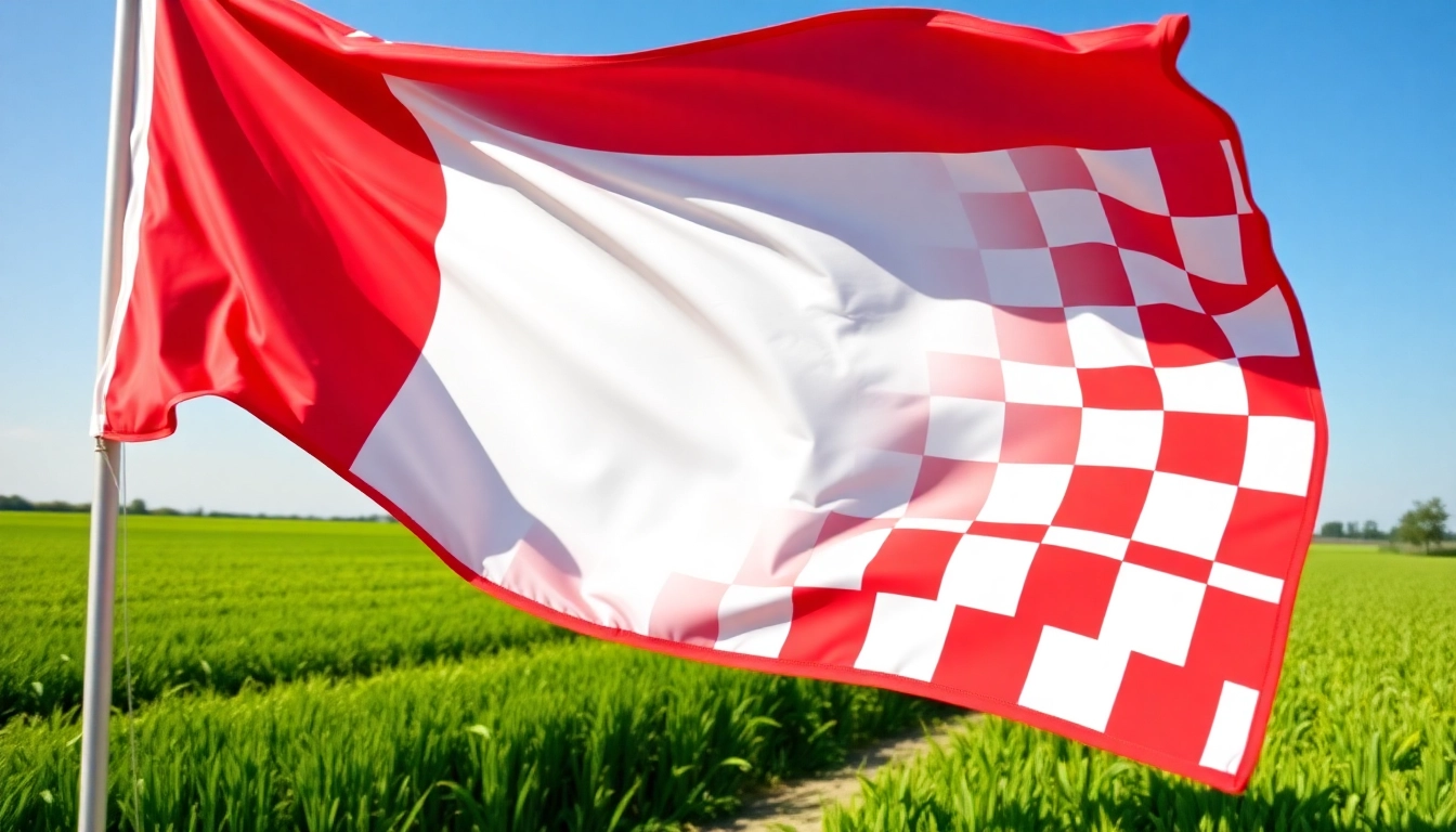 Vlag van brabantse bont wapperend in een groen landschap onder een blauwe lucht.