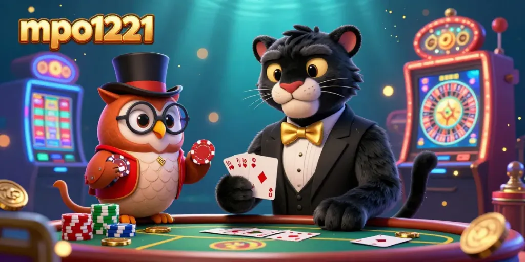Experience thrilling action with mpo1221, featuring a stylish panther dealing cards in a vibrant casino setting.